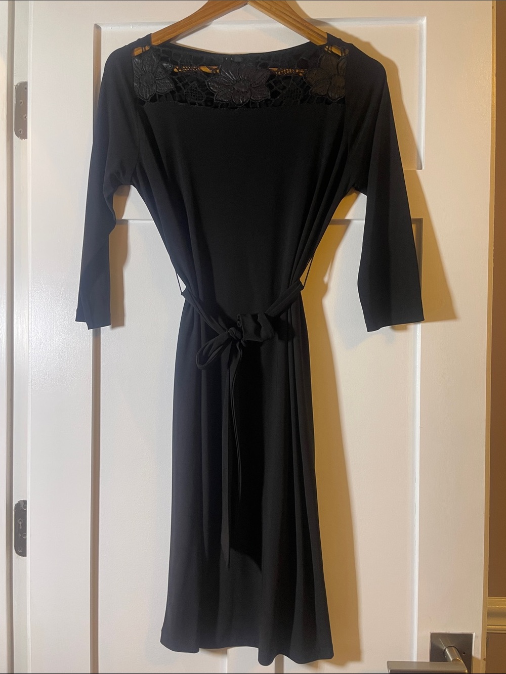Tiana B. Black Midi Dress with Lace Yoke and Waist Tie